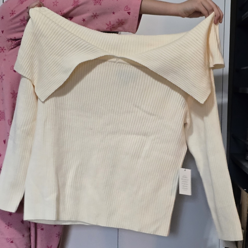 Eloque2 Off the Shoulder White Sweater, Plus Size 26/28